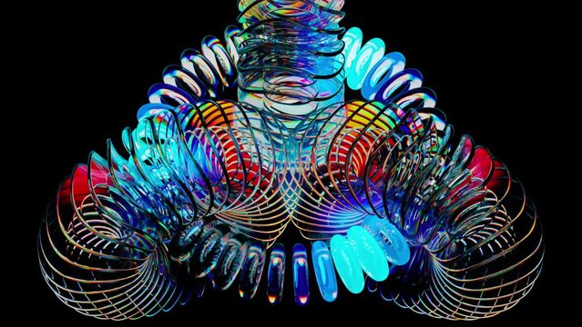 Endless loop video render. Abstract energy turbine visualization. Rotating glass disks. Dispersion. Holographic spectrum colors. Alpha channel.