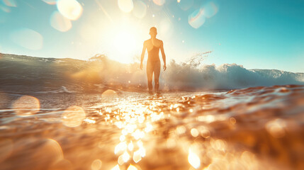  sunset on the beach, man swimming in water at sunset, 