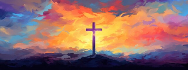 Vibrant Expression of Faith: A Digital Artistic Rendition of the Cross at Sunset - Generative AI - obrazy, fototapety, plakaty