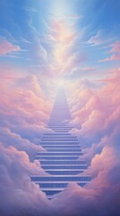 Delicate airy stairway goes to the sky to the light, delicate pastel colors, airy light clouds,...
