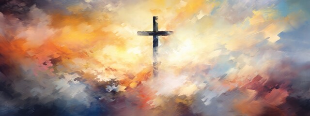 Vibrant Expression of Faith: A Digital Artistic Rendition of the Cross at Sunset - Generative AI