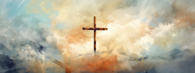 Vibrant Expression of Faith: A Digital Artistic Rendition of the Cross at Sunset - Generative AI