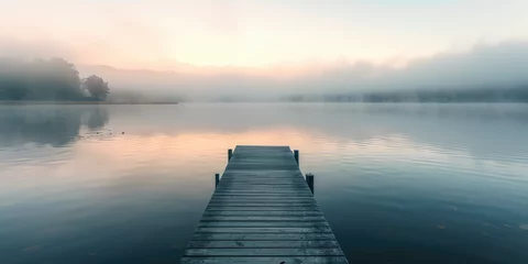Foto op Canvas Straight flat simplistic rectangular lake dock, beautiful sunrise, foggy, calm water. Nature relax evening wallpaper. © dinastya