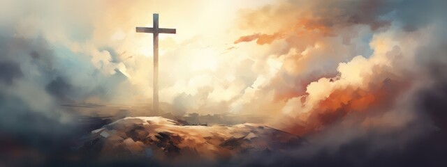 Obraz premium Vibrant Expression of Faith: A Digital Artistic Rendition of the Cross at Sunset - Generative AI