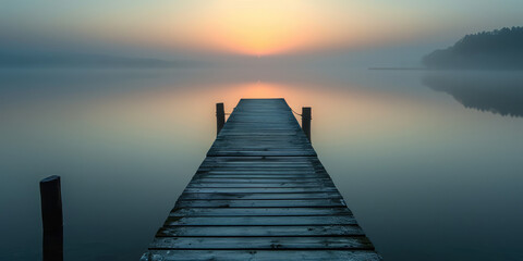 Straight flat simplistic rectangular lake dock, beautiful sunrise, foggy, calm water. Nature relax evening wallpaper.