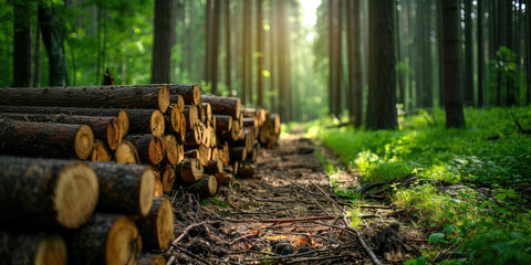 Lumber in the forest, cut wooden logs in the stack. Logging, harvesting wood for fuel and firewood. 