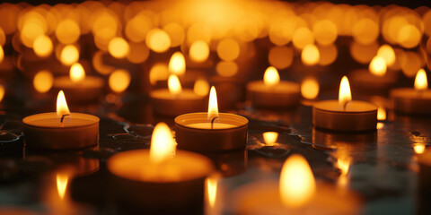 Horizontal wallpaper with lot of little candles with fire. Soft light from tee candles creating a peaceful atmosphere. 