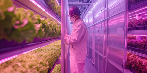 Hydroponic vertical grow rack indoor farming, multiple rows and columns, growing lettuces and tomatoes, violet LED glow lights. Industrial Plant Cultivation.