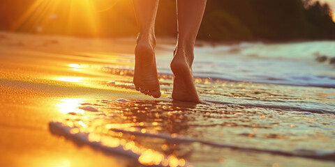 Wet shoreline sand with barefoot prints. Close-up back view photograph woman legs walking barefoot along a beautiful beach. 