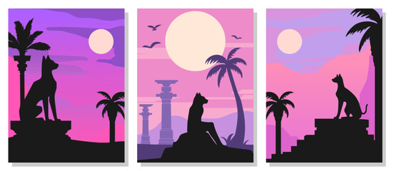 Set of vertical posters with silhouette of Egyptian cat, Anubis sitting on Ancient temple ruin. Moon, columns, palm tree background. Violet, pink colors vector illustration. Retro style home printing.