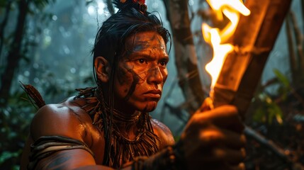 Jungle Inferno: Experience the primal power of nature's fire embodied by a 30-year-old Amazonian warrior, fiercely brandishing a flaming sword amidst the lush rainforest, adorned with tribal markings 