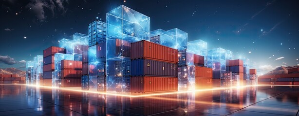 Cargo Containers at logistic hub with virtual scheme