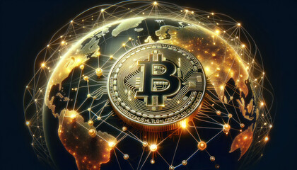 Bitcoin blockchain network around the world, global, digital currency, peer to peer, node concept, miner, cryptocurrency, decentralized finance, generative ai