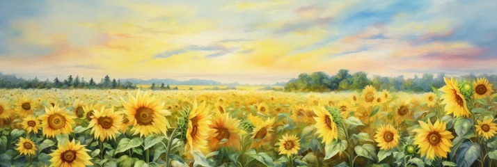 Schilderijen op glas Blooming fields with yellow sunflowers, banner © Henryzoom
