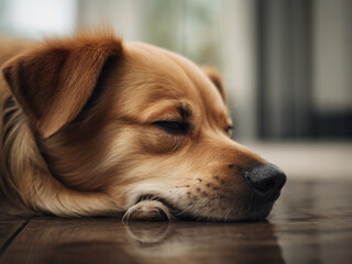 portrait of a golden retriever dog in sleepy mode concept