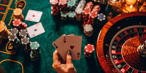 Casino Success in the Cards: Explore the thrill of a casino concept with hands holding a good pair of cards, set to win money in poker, surrounded by chips and the allure of luck and chance.




