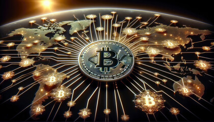 Bitcoin blockchain network around the world, global, digital currency, peer to peer, node concept, miner, cryptocurrency, decentralized finance, generative ai