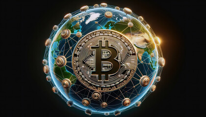 Bitcoin blockchain network around the world, global, digital currency, peer to peer, node concept, miner, cryptocurrency, decentralized finance, generative ai