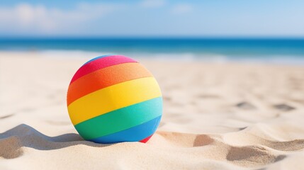 Wet colorful beach ball at seaside on sunny day, copy space, generative ai