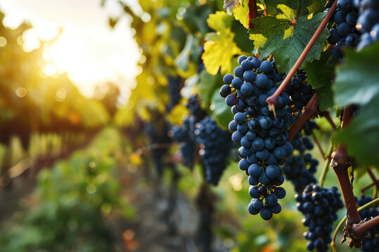 Grapes in a vineyard, fruit background, copy space, vineyard vibes