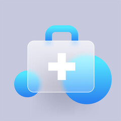 Glass icon of Paramedic medicine box. Ambulance suitcase glass morphism vector symbol.