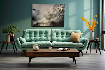 Embrace the freshness of a mint-colored sofa and coordinating table, enhancing the living space against an empty frame poised for your unique expression.