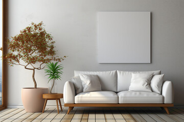 Fototapeta na wymiar Embrace the simplicity of design in your living room. Visualize an empty frame in a simple mockup, serving as a perfect starting point for your creative journey in a serene environment.