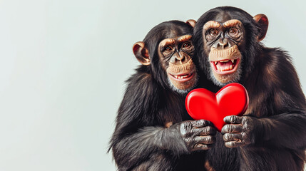 Two happy chimpanzees monkeys holding red heart on white background with copy space. Love symbol. Valentine's Day greeting card.
