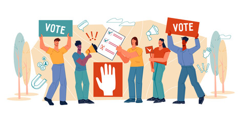 Voting and elections, democracy banner layout with human characters. People vote for equality and human rights in the democratic process, flat vector illustration isolated on white background.
