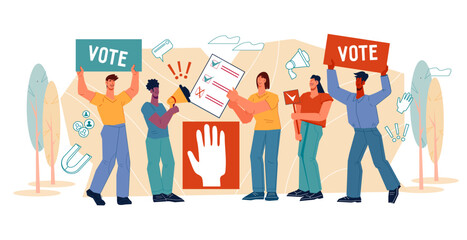 Fototapeta premium Voting and elections, democracy banner layout with human characters. People vote for equality and human rights in the democratic process, flat vector illustration isolated on white background.