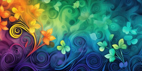 Colorful abstract background with flowers and leaves. Abstract background in irish colors and patterns, March: Irish American Heritage Month.  - obrazy, fototapety, plakaty