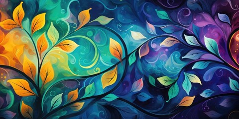 Abstract colorful floral background with leaves and swirls in watercolor style. Abstract background in irish colors and patterns, March: Irish American Heritage Month. 