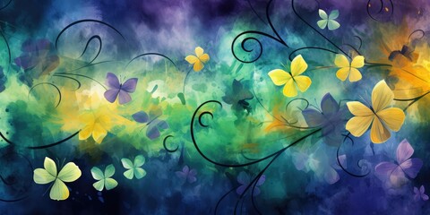 Fototapeta na wymiar Abstract floral watercolor background with yellow and purple flowers and leaves Abstract background in irish colors and patterns, March: Irish American Heritage Month. 