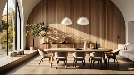 Enter a minimalist haven with a modern dining room featuring an arched wall adorned with abstract wood paneling. 