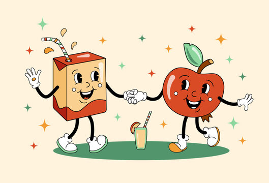 Comic flat Apple and Juice Pack with face on decorated background. Vector cartoon illustration in retro style of fresh fruit and drink. Vintage image of cute characters with smile for poster or banner