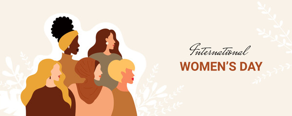 International Women's Day flyer. Banner for March 8 sale with floral decor and group of female character.  Flat vector illustration. 
