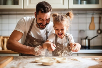 Happy father and daughter sharing a moment of joy in the family kitchen, preparing dough with flour, cooking together with complicity - Powered by Adobe