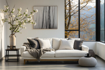 Envision a minimalist Scandinavian-inspired modern living room with a white sofa, a sleek black floor lamp, and a potted branch against a pristine white wall. 