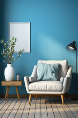 Envision a modern living room with a sleek white armchair positioned against a vibrant blue wall, featuring a mock-up poster with ample copy space.