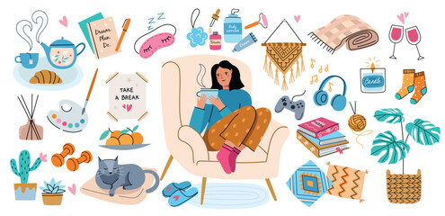 Cozy home elements. Relaxed young girl with hot tea cup in hands, lazy weekend, different interior objects, hobby accessories, vector set.eps