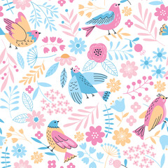 Fototapeta premium Cute little birds and beautiful flowers seamless pattern. Repeated decorative elements, nature creations, cartoon doodle style, vector print.eps