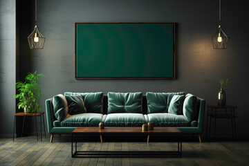 Envision a modern setting with a dark green sofa and matching table against an empty blank frame, providing a sleek backdrop for personalized text.