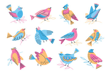 Decorative doodle style birds. Cute little sparrows, cartoon funny characters, colorful wildlife elements, hand drawn creatures, vector set.eps