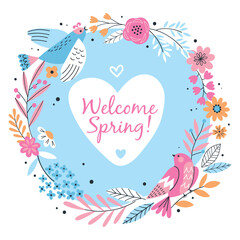 Decorative floral wreath with cute patterned birds. Welcome spring frame poster, greeting card in doodle style, flowers, vector illustration.eps