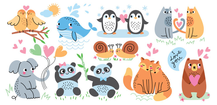 Cute loving animals. Happy valentines day cartoon fauna characters, funny couples in love, pandas, birds and foxes with hearts, vector set.eps