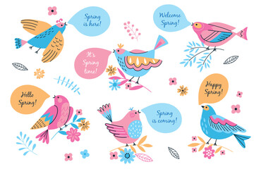 Little funny birds and floral spring elements. Decorative flowers and cute sparrows with speech bubbles, spring pozitive texts, vector set.eps