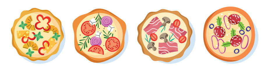 Tasty italian pizza. Top view food, dough tortillas with different fresh ingredients, toppings, margherita, pepperoni, hawaiian, vector set.eps