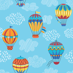 Vintage hot air balloons seamless pattern. Sky adventures, decorative airships, repeated flying balls with cute elements, vector backdrop.eps