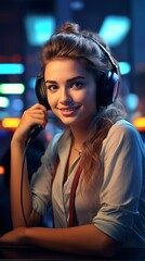 Smiling European girl with headphones and microphone in call center