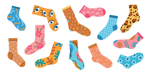 Cartoon colorful socks. Trendy cotton patterned footwear, bright modern designs, different length, textile, fabric clothing, vector set.eps